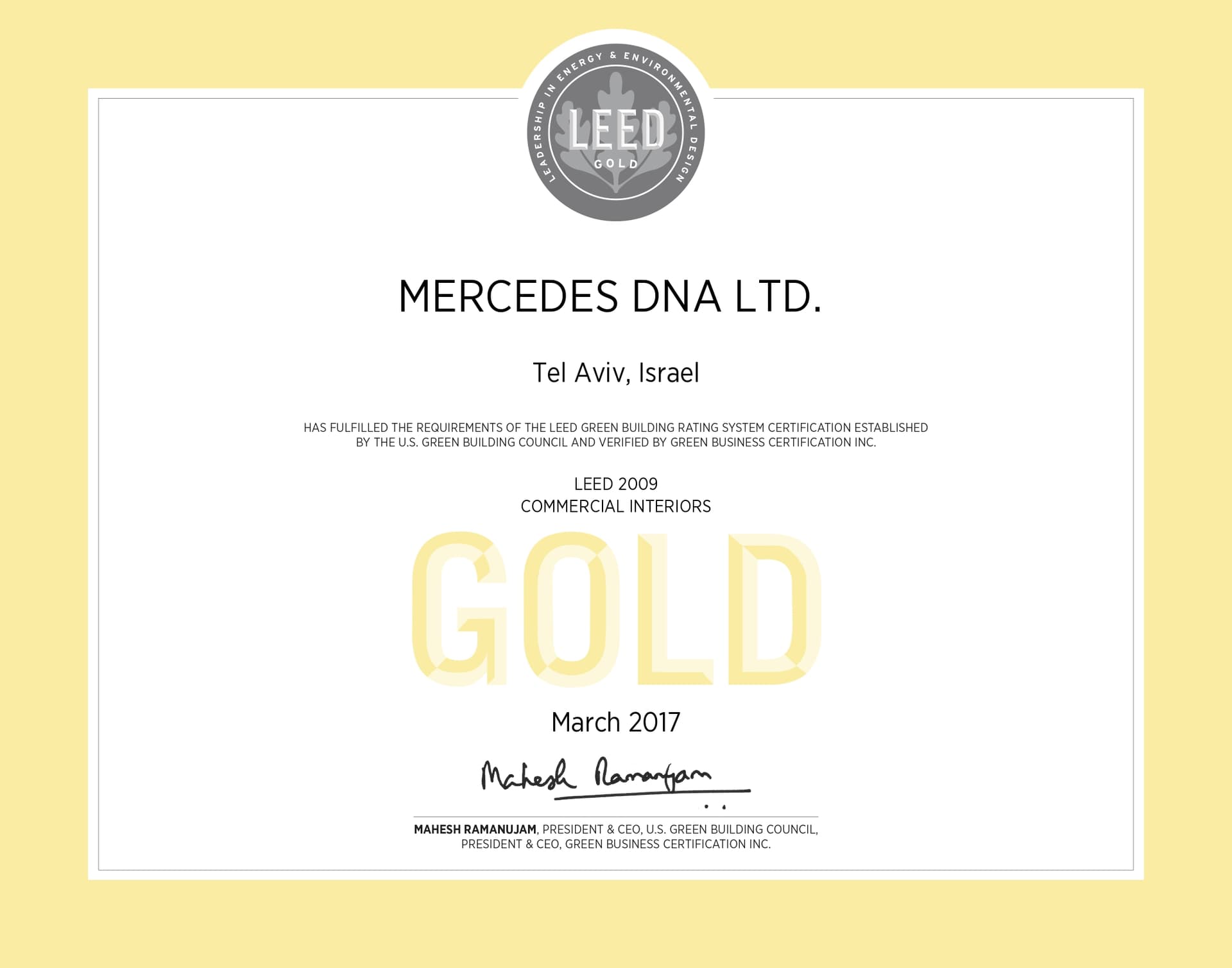 תעודת LEED של Mercedes DNA